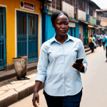 **Prompt 1: Guinean Professional Seeking Connectivity**
    A determined African professional, a woman in her late 30s, stands on a bustling, vibrant street in Conakry. She is dressed in modest, modern business casual attire, consisting of a crisp, light-colored long-sleeved shirt and dark trousers. She holds a smartphone aloft with a focused yet patient expression, subtly adjusting its position as if seeking a better network signal. In the background, blurred elements of a bustling Guinean urban street are visible: colorful building facades, a few modestly dressed passersby, and hints of local shop fronts, all bathed in warm, natural daylight. The image is a professional photograph, high resolution, with soft lighting and sharp focus on the subject. Perfect anatomy, correct proportions, natural pose, well-formed hands, proper finger count, natural body proportions. Fully clothed, modest clothing, appropriate attire, professional dress, safe for work, appropriate content, family-friendly.