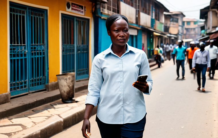 **Prompt 1: Guinean Professional Seeking Connectivity**
    A determined African professional, a woman in her late 30s, stands on a bustling, vibrant street in Conakry. She is dressed in modest, modern business casual attire, consisting of a crisp, light-colored long-sleeved shirt and dark trousers. She holds a smartphone aloft with a focused yet patient expression, subtly adjusting its position as if seeking a better network signal. In the background, blurred elements of a bustling Guinean urban street are visible: colorful building facades, a few modestly dressed passersby, and hints of local shop fronts, all bathed in warm, natural daylight. The image is a professional photograph, high resolution, with soft lighting and sharp focus on the subject. Perfect anatomy, correct proportions, natural pose, well-formed hands, proper finger count, natural body proportions. Fully clothed, modest clothing, appropriate attire, professional dress, safe for work, appropriate content, family-friendly.
