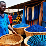 **

"A vibrant marketplace scene in Guinea, West Africa, showcasing various traditional crafts.  A fully clothed artisan is displaying indigo-dyed fabrics with intricate patterns. In the background are hand-woven baskets and carved wooden masks.  The people are in modest clothing, appropriate attire.  Safe for work, professional photography, perfect anatomy, correct proportions, natural pose, family-friendly, high quality."

**