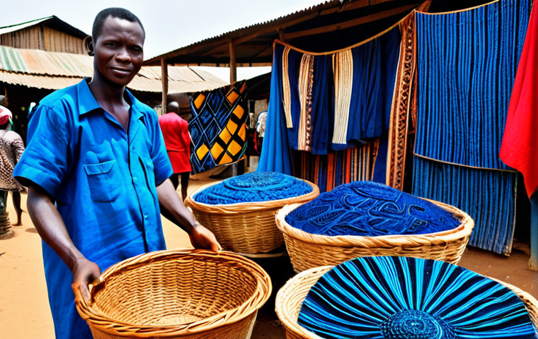 **
"A vibrant marketplace scene in Guinea, West Africa, showcasing various traditional crafts. A fully clothed artisan is displaying indigo-dyed fabrics with intricate patterns. In the background are hand-woven baskets and carved wooden masks. The people are in modest clothing, appropriate attire. Safe for work, professional photography, perfect anatomy, correct proportions, natural pose, family-friendly, high quality."
**