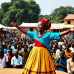 **

A vibrant outdoor concert scene in Guinea. A fully clothed musician, maybe playing a Kora or guitar, is center stage, bathed in warm light. The crowd is diverse, fully clothed in colorful, modest African attire, dancing and cheering. Background shows market stalls and traditional architecture. Safe for work, appropriate content, fully clothed, professional photography, perfect anatomy, natural pose, high quality, family-friendly.

**