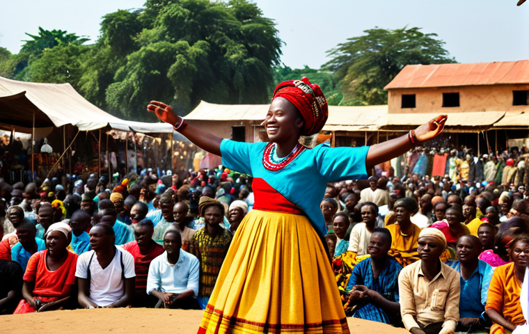 **
A vibrant outdoor concert scene in Guinea. A fully clothed musician, maybe playing a Kora or guitar, is center stage, bathed in warm light. The crowd is diverse, fully clothed in colorful, modest African attire, dancing and cheering. Background shows market stalls and traditional architecture. Safe for work, appropriate content, fully clothed, professional photography, perfect anatomy, natural pose, high quality, family-friendly.
**