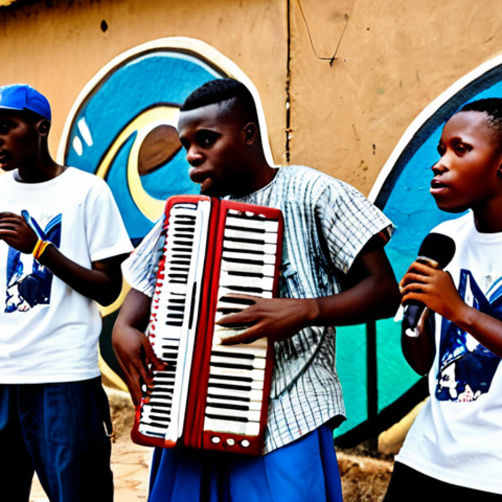 Hip Hop in Conakry**

"A group of young, fully clothed Guinean hip-hop artists performing in a vibrant Conakry neighborhood. Graffiti art in the background. One member is rapping into a microphone, while another plays a traditional kora instrument. Modest clothing, appropriate attire. Safe for work. Perfect anatomy, correct proportions, natural pose, professional photography, high quality, family-friendly."

**