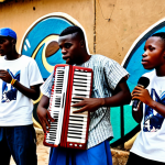 Hip Hop in Conakry**

"A group of young, fully clothed Guinean hip-hop artists performing in a vibrant Conakry neighborhood. Graffiti art in the background. One member is rapping into a microphone, while another plays a traditional kora instrument. Modest clothing, appropriate attire. Safe for work. Perfect anatomy, correct proportions, natural pose, professional photography, high quality, family-friendly."

**