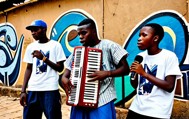 Hip Hop in Conakry**

"A group of young, fully clothed Guinean hip-hop artists performing in a vibrant Conakry neighborhood. Graffiti art in the background. One member is rapping into a microphone, while another plays a traditional kora instrument. Modest clothing, appropriate attire. Safe for work. Perfect anatomy, correct proportions, natural pose, professional photography, high quality, family-friendly."

**