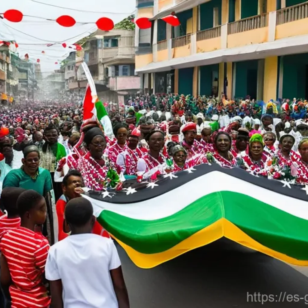 기니의 독립 기념일 행사 및 축제 - **Equatorial Guinean Independence Day Parade:** A vibrant, bustling street scene in Malabo, Equatori...