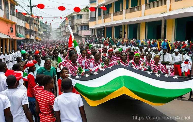 기니의 독립 기념일 행사 및 축제 - **Equatorial Guinean Independence Day Parade:** A vibrant, bustling street scene in Malabo, Equatori...