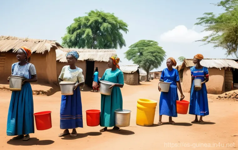 기니 수돗물 및 정수 필수 여부 - **Prompt 1: Water Scarcity in Guinea**
    "A compelling, realistic image depicting several Guinean ...