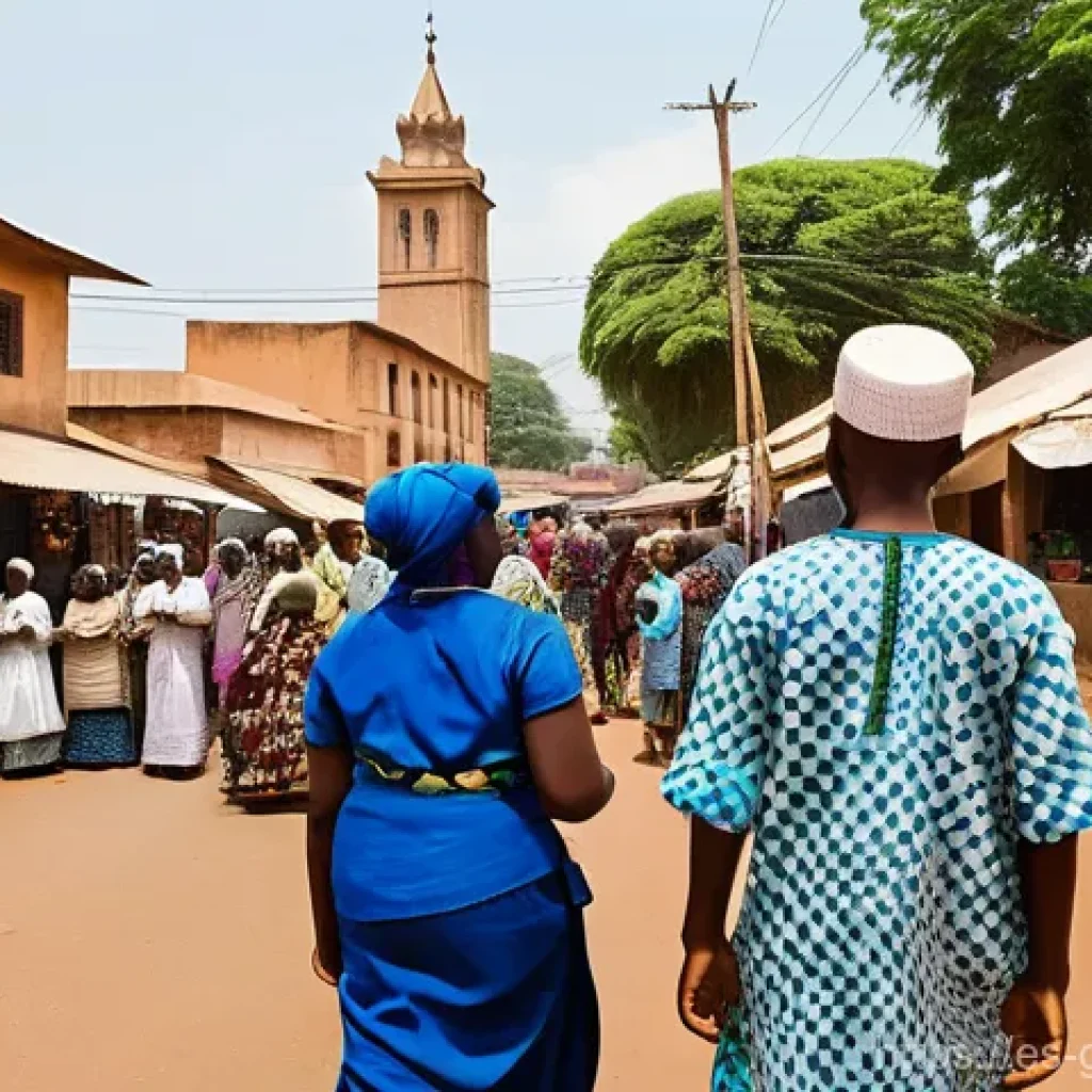 기니의 주요 종교와 종교적 관습 - **Guinean Interfaith Community Gathering:** A vibrant, sunlit scene depicting a bustling village squ...