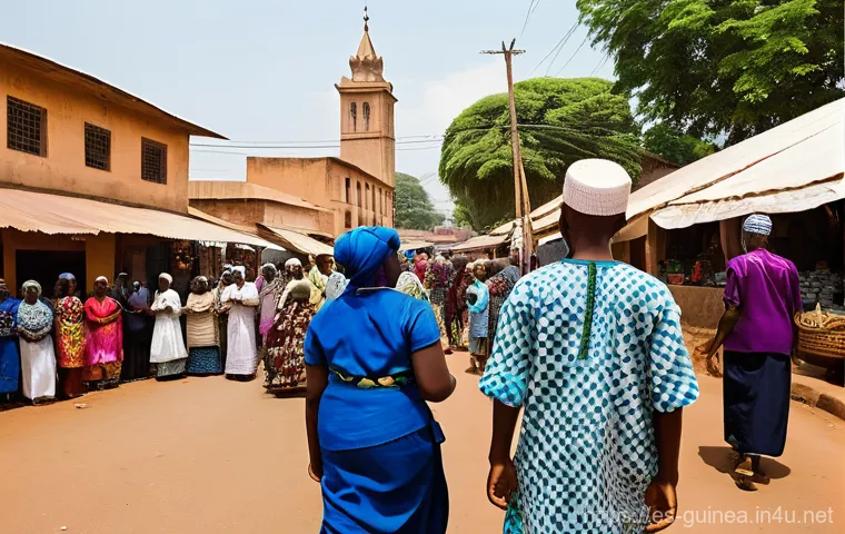 기니의 주요 종교와 종교적 관습 - **Guinean Interfaith Community Gathering:** A vibrant, sunlit scene depicting a bustling village squ...