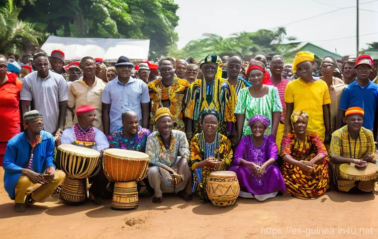기니의 주요 종교와 종교적 관습 - **Guinean Interfaith Community Gathering:** A vibrant, sunlit scene depicting a bustling village squ...