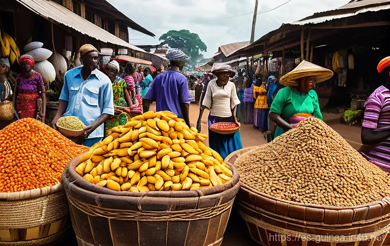 기니의 특산물과 요리 - Image Prompt 1: Vibrant Guinean Market Scene** 기니의 특산물과 요리 - Image Prompt 1: Vibrant Guinean Market Scene**