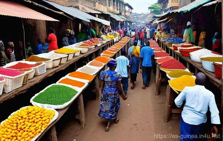 기니에서 가장 오래된 전통시장 - **Mercado Madina - Conakry's Vibrant Heart**
    A wide-angle, dynamic shot of the bustling Mercado ...
