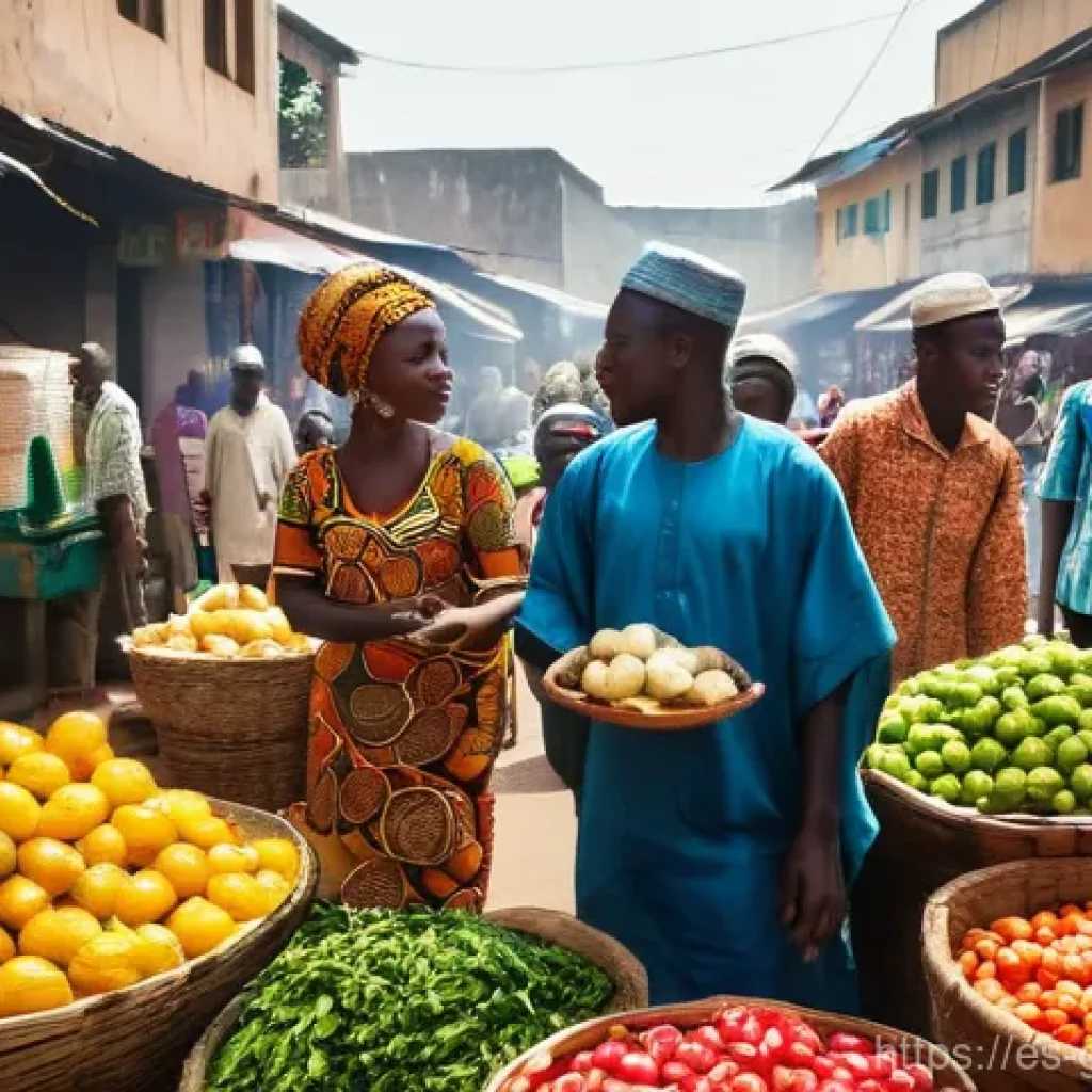 기니 치안과 안전 가이드 - **Prompt:** "A bustling, vibrant street market scene in Conakry, Guinea. The image features a divers...