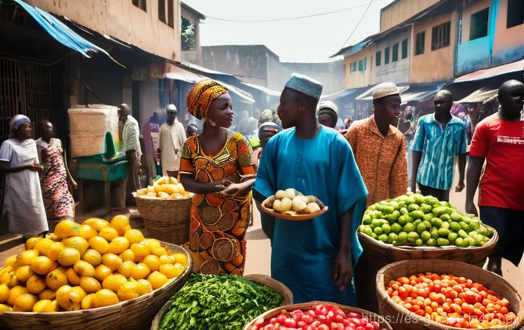 기니 치안과 안전 가이드 - **Prompt:** "A bustling, vibrant street market scene in Conakry, Guinea. The image features a divers...