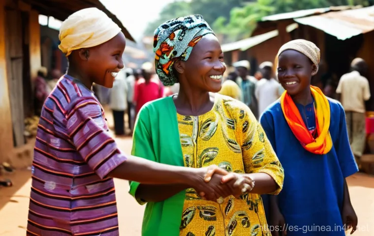 기니에서 현지인과 원활하게 소통하는 법 - **Prompt:** "A vibrant, bustling market scene in Guinea. Local people of various ages, dressed in co...