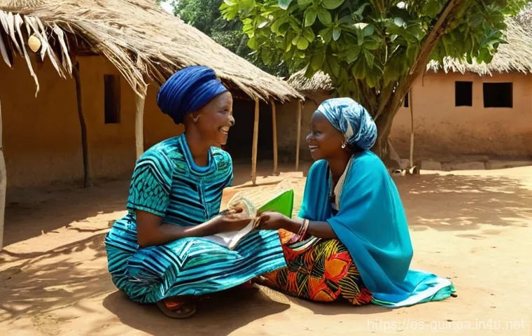 기니에서 현지인과 원활하게 소통하는 법 - **Prompt:** "An intimate, authentic scene of a Guinean family or group sharing a communal meal in a ...