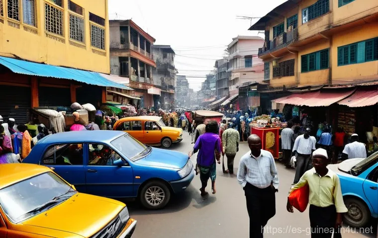 기니 도로 환경 및 운전 문화 - **Prompt 1: Conakry's Dynamic Street Life**
    "A vibrant, eye-level street photography shot captur...