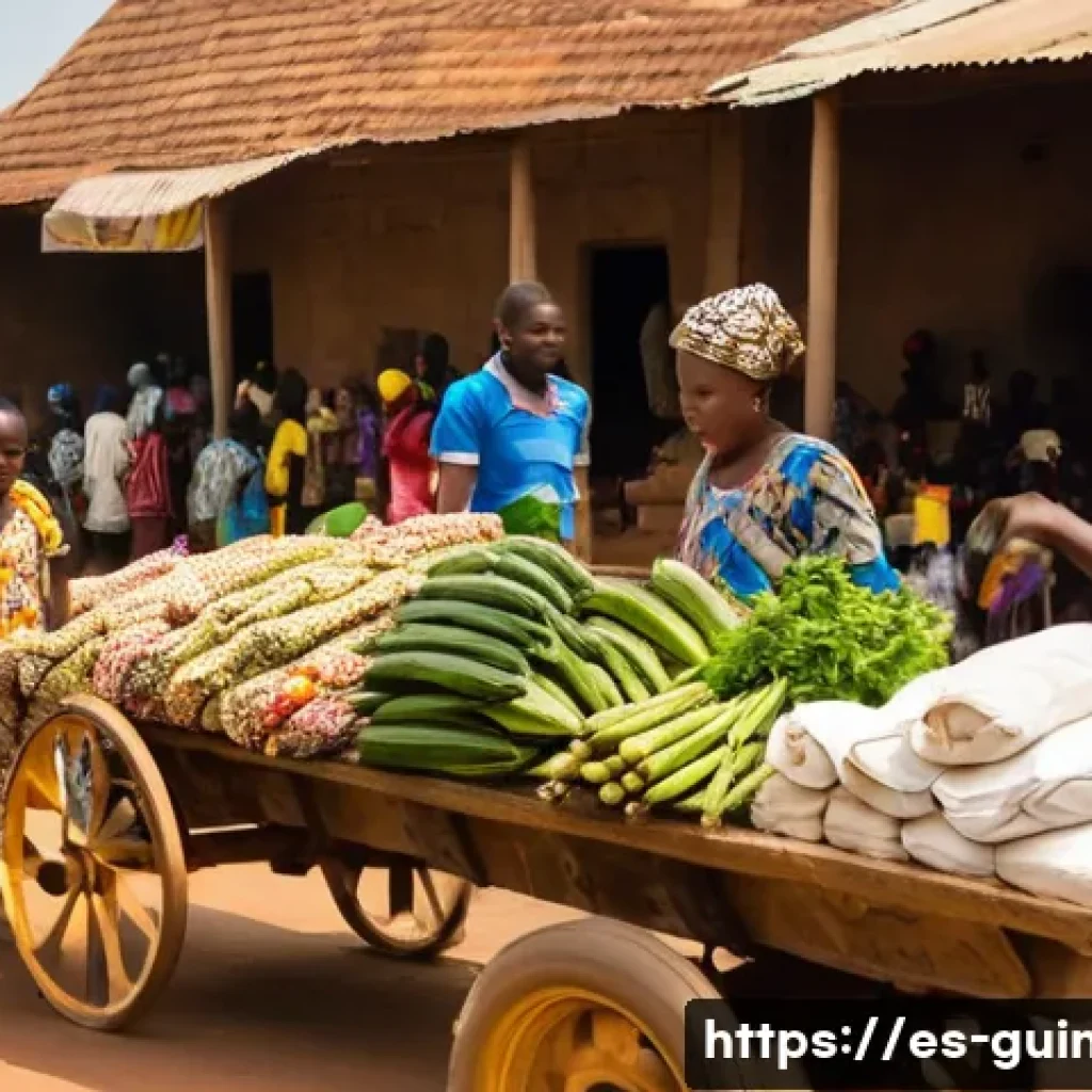 기니와 주변국 관계 분석 - **Prompt:** A bustling, vibrant open-air market scene in a West African border town, teeming with di...