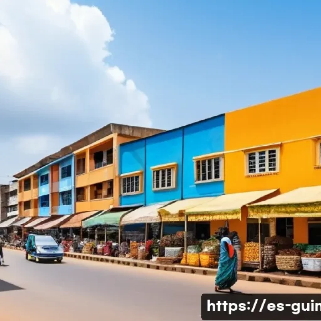 기니 부동산 투자 가능성 - **Prompt:** A bustling, sun-drenched street scene in Conakry, Guinea. The foreground features lively...
