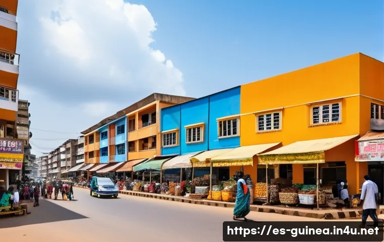 기니 부동산 투자 가능성 - **Prompt:** A bustling, sun-drenched street scene in Conakry, Guinea. The foreground features lively...