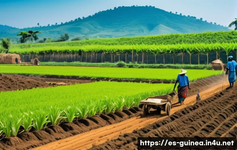 기니 노동시장과 직업 전망 - A vibrant rural Guinean agricultural scene showing young men and women working collaboratively in a ...