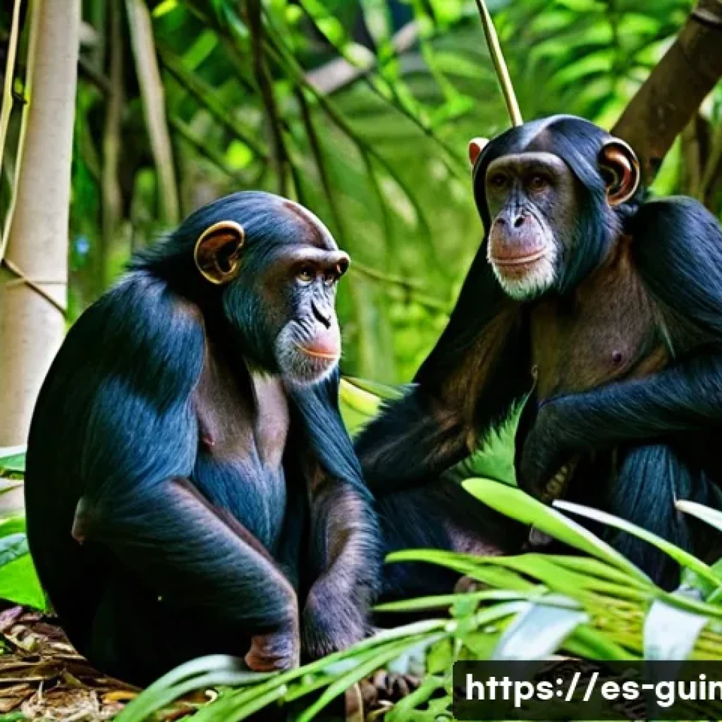 기니 국립공원 탐방 - A vivid scene in Guinea’s Haut Niger National Park showcasing a group of western chimpanzees activel...