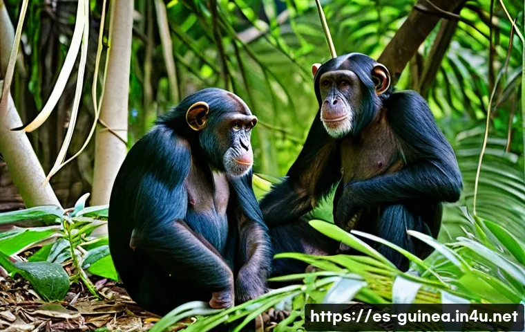 기니 국립공원 탐방 - A vivid scene in Guinea’s Haut Niger National Park showcasing a group of western chimpanzees activel...