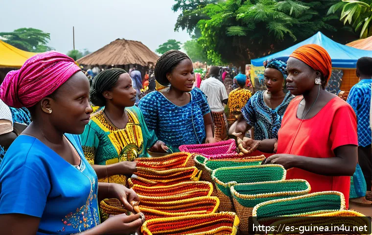 기니 여행자 대상 사기 유형 - A busy open-air market scene in Guinea during daytime, showcasing vibrant traditional crafts and sou...