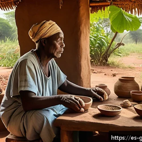 Home 33 기니에서 전통적으로 사용하는 약초 및 약재 - A serene rural Guinean healer’s hut surrounded by lush greenery and medicinal plants like baobab, ne...