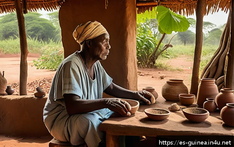 기니에서 전통적으로 사용하는 약초 및 약재 - A serene rural Guinean healer’s hut surrounded by lush greenery and medicinal plants like baobab, ne...