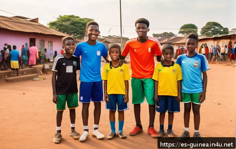 기니에서 인기 있는 스포츠 - A vibrant community football scene in a Guinean neighborhood: diverse groups of young people and fam...