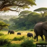 기니에서 경험할 수 있는 사파리 투어 - A lush West African national park scene at sunrise, featuring dense tropical rainforest and expansiv...