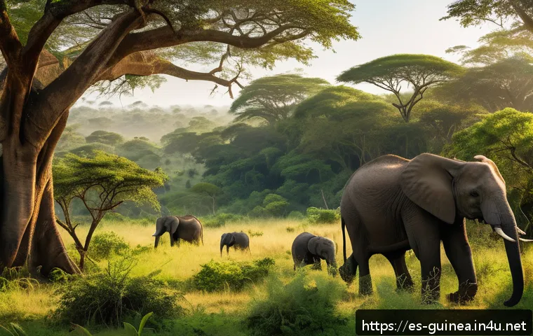 기니에서 경험할 수 있는 사파리 투어 - A lush West African national park scene at sunrise, featuring dense tropical rainforest and expansiv...