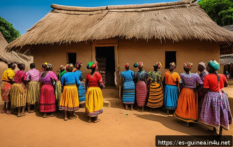 기니에서 유명한 문화유산 등재지 - A vibrant traditional Guinean ceremony scene featuring men and women dressed in colorful traditional...