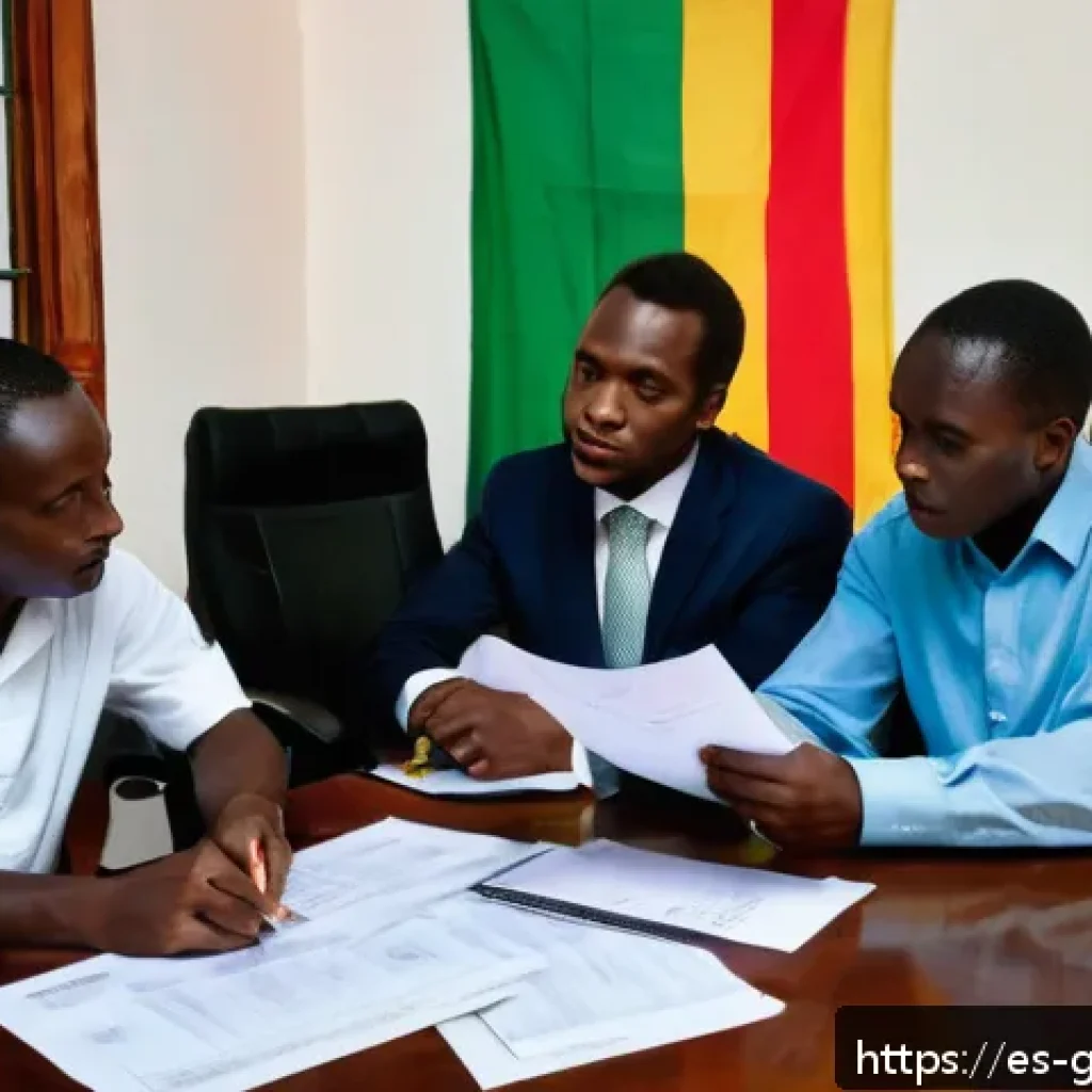 기니에서 사업할 때 필요한 법률 조언 - A modern office scene in Conakry, Guinea, showing a diverse group of business professionals discussi...