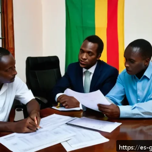 Home 17 기니에서 사업할 때 필요한 법률 조언 - A modern office scene in Conakry, Guinea, showing a diverse group of business professionals discussi...