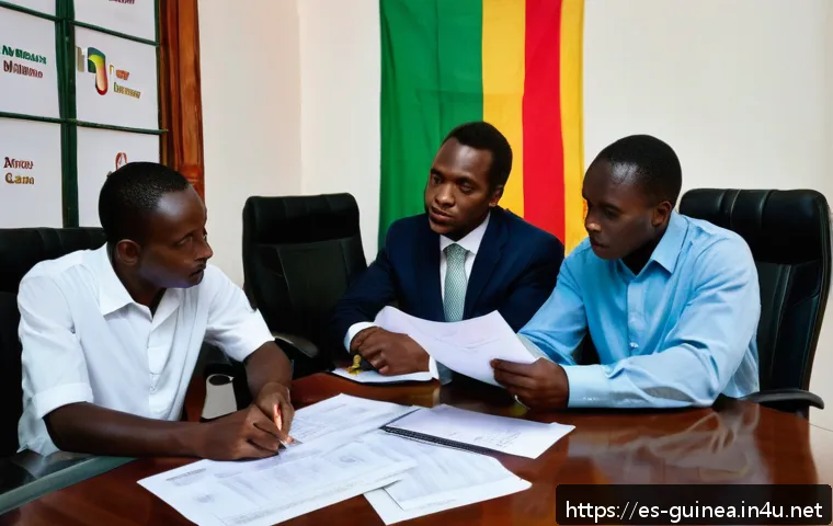 기니에서 사업할 때 필요한 법률 조언 - A modern office scene in Conakry, Guinea, showing a diverse group of business professionals discussi...