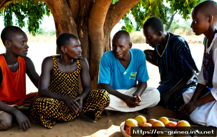 기니의 부족 언어 다양성 - Photorealistic documentary-style scene in rural Guinea, a diverse circle of Fulani, Malinke, Susu, a...