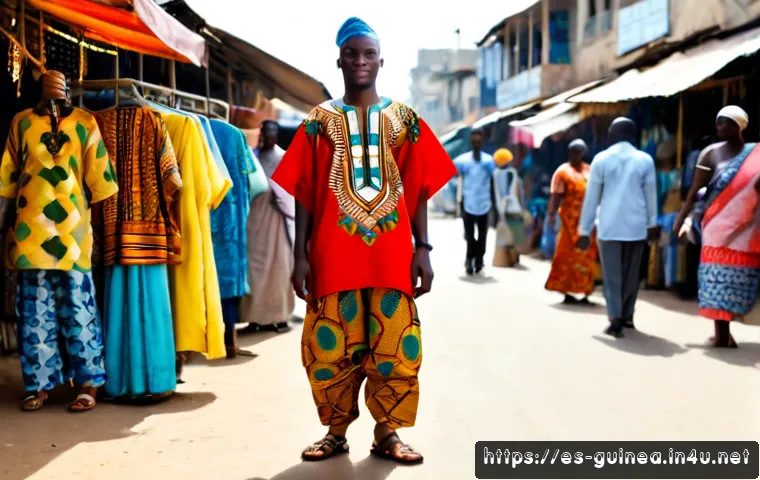 Home 17 기니에서 유행하는 패션 스타일 - Photorealistic street-style portrait in Conakry, Guinea: a confident young adult wearing a vibrant t...