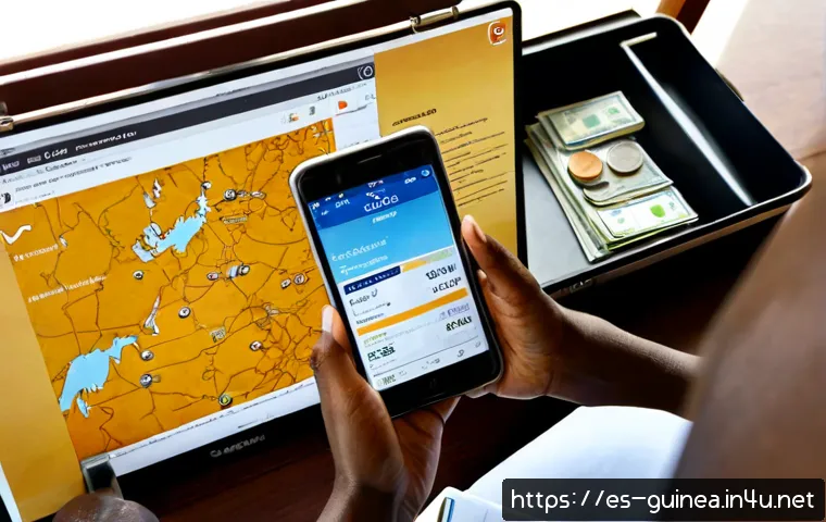 기니에서 여행할 때 숙소 예약 팁 - Photorealistic travel planning scene for booking accommodation in Guinea, a Spanish-speaking travele...