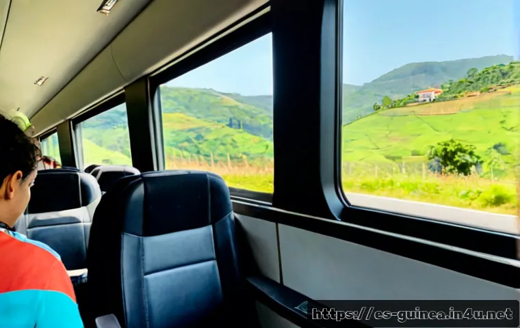기니에서 장거리 이동 시 추천 교통수단 - Photorealistic modern intercity coach traveling along a paved highway through Guinea’s lush green hi...
